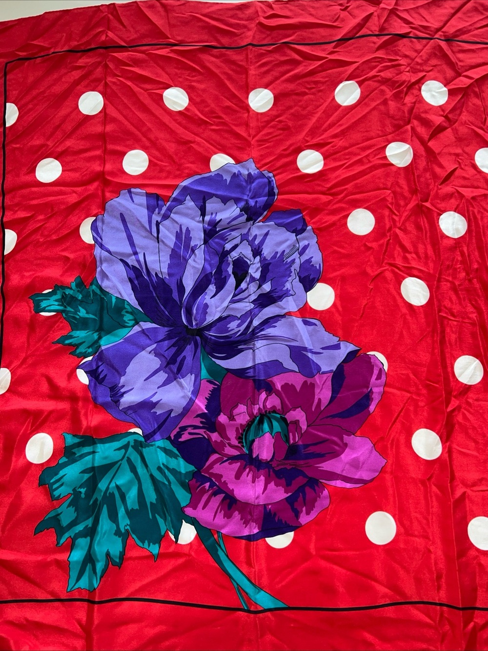 Bill Blass pure silk Red Polka Dot Scarf Bold Purple Floral Print made in Japan
